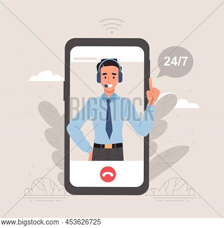 Customer Support Service. Male Personal Assistant Looks Out Of Smartphone Screen And Gives Advice To