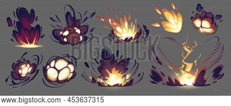 Bomb Explosion, Rocket Hit Animation Effect. Vector Sprite Sheet Of Blast With Fire And Black Smoke 