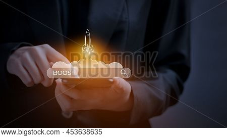 Seo Search Engine Optimization, Rocket Is Launching And Soar Flying Out From Screen With Search Bar 