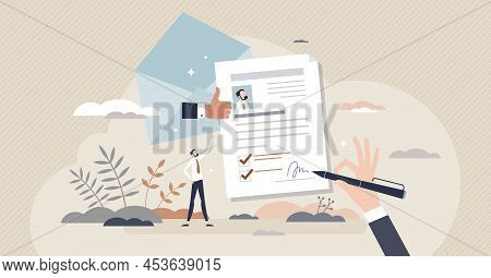Recommendation Letter And Cv Reference For Job Interview Tiny Person Concept. Human Resources Vacanc