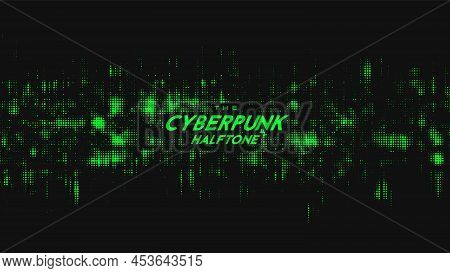 Abstract Vector Green Cyberpunk Halftone Sound Wave. Scrathed Dotted Texture Element.