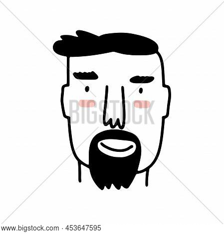 Doodle Bearded Smiling Man. Hand-drawn Outline Human Isolated On White Background. Funny Face Avatar