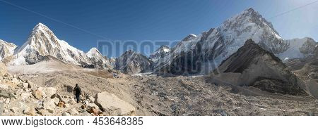 A Panoramic View Of Gorak Shep, Kala Patthar And The Khumbu Valley With The Snow Covered Himalaya Mo