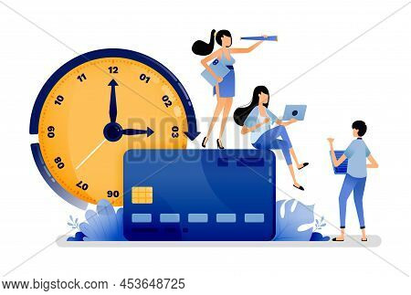 Vector Illustration Of People Are Trying To Pay Off Loan From Credit Card Debt. Short Term Consumer 