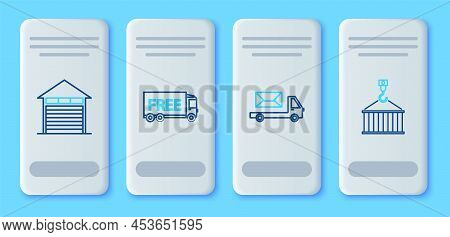 Set Line Free Delivery Service, Post Truck, Closed Warehouse And Container On Crane Icon. Vector