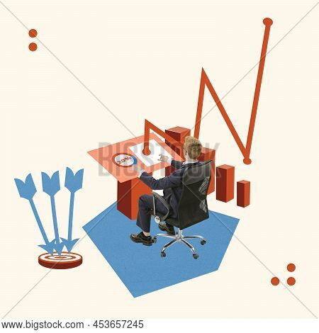Contemporary Art Collage. Professional Financial Analyst Working On New Profitable Strategy To Grow 