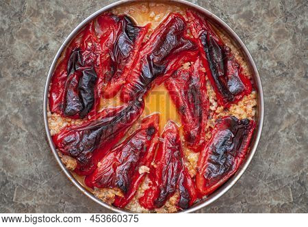 Stuffed Peppers. A Traditional Dish In The Bulgarian National Cuisine, Which Is Prepared With Red Or