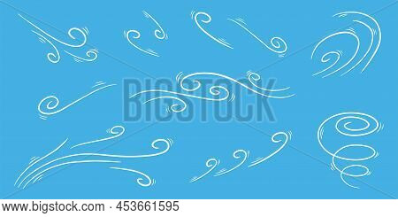 Wind Blow Set In Doodle Style, Vector Illustration. Wave Cold Air During Windy Weather. Gust Symbol 