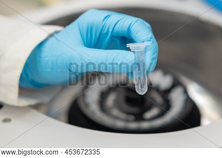 Scientist Puts Microcentrifuge Tubes Into Centrifuge For Phase Separation. Clinical Analysis Of Onco