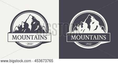 Vector Ventage Labels With Hand Drawn Mountains. 2022. Illustration For Ski Resort, Hiking, Climbing
