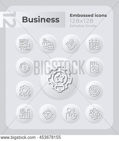 Product Development Embossed Icons Set. Corporate Strategy. Neumorphism Effect. Isolated Vector Illu