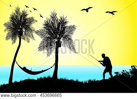 Man Fishing And A Man  Enjoying A Siesta With A Glass Of Wine Laying In A Hammock