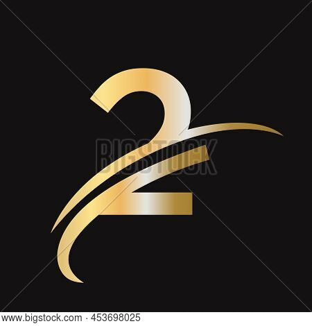 Initial Letter 2 Logo Design With Swoosh Sign. 2 Logotype Based Alphabet Business Logo Gold Color