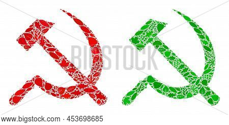 Ecology Sickle And Hammer Icon Composition Of Herbal Leaves In Green And Natural Color Tones. Ecolog