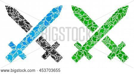 Ecology Crossing Swords Icon Mosaic Of Floral Leaves In Green And Natural Color Tones. Ecological En