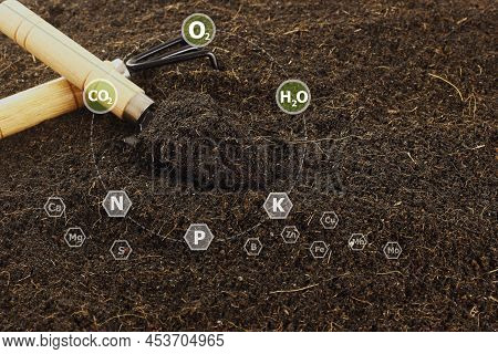 Close Up Fertile Loamy Soil For Planting With 16 Digital  Nutrients Icon Which Necessary In Plant Li