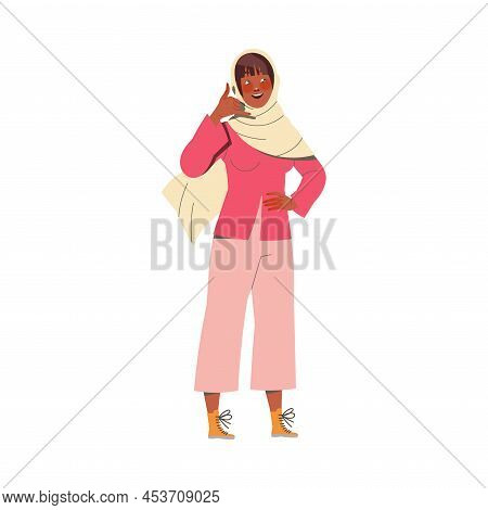Woman Character Showing Call Me Hand Gesture Expressing Emotion With Body Language Vector Illustrati