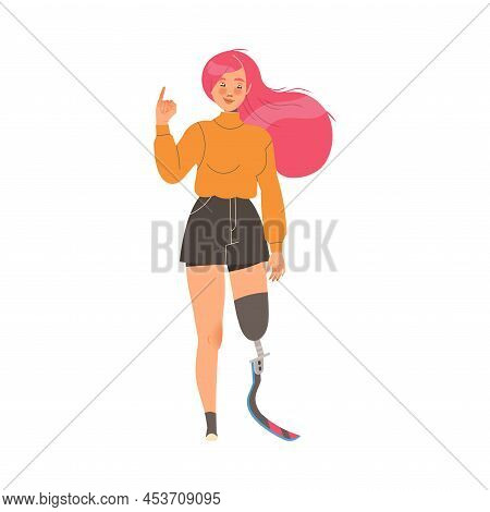 Woman Character With Artificial Limb Showing Little Finger As Hand Gesture Expressing Emotion With B