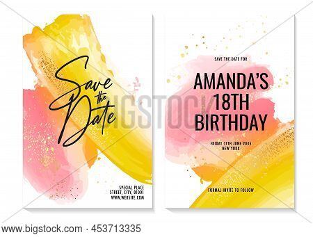 Yellow Pink Background Watercolor Ink Blob, Contrast Spalsh In Vector . Birthday Template, Modern Ab