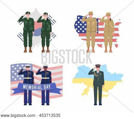 Memorial Day 2d Vector Isolated Illustrations Set. Patriotic Flat Characters On Cartoon Background. 