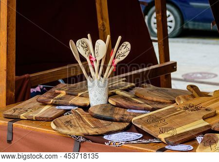 Hodonin, Czech Republic - April 23. 2022: Sales Stand With Artistically Processed Wooden Goods. Sale