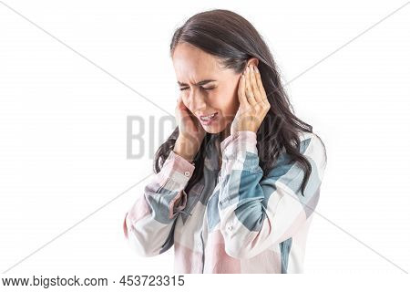 Young Woman Have Tinnitus,noise Whistling In Her Ears. Isolted On White.