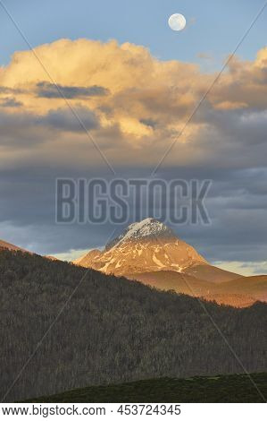 Snowy Mountain Landscape Under The Moon. Riano, Castilla Leon. Spain