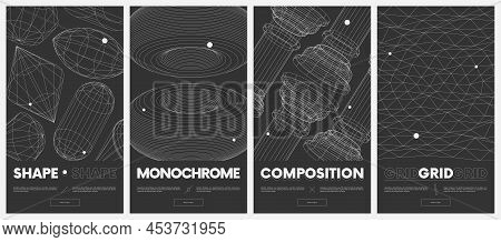 Collection Vector Posters With Strange Wireframes Of Geometric Shapes Modern Design Inspired By Brut