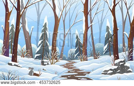 Winter Fairy Tale Landscape, With Tall Trees And Path In Winter Snowy Forest, Fir-trees In Snowdrift