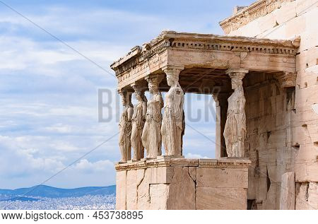 Detail Of Caryatid Porch On The Acropolis In Athens, Greece. Ancient Erechtheion Or Erechtheum Templ