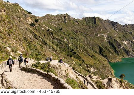 Cotopaxi, Ecuador - April 16, 2022: Lake Quilotoa In Caldera Of Eponymous Volcano Quilotoa.  Hiking 