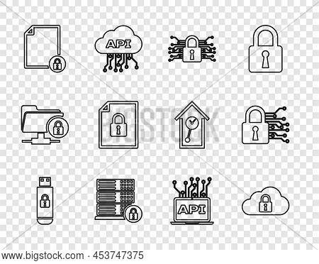 Set Line Usb Flash Drive With Lock, Cloud Computing, Cyber Security, Server, Document And, Computer 