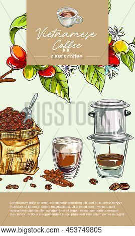 Conceptual Vector Illustration Of Coffee Types Banner. Graphic Style Elements: Label, Postcard, Stic