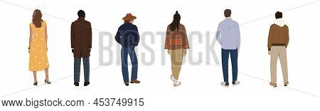 Set Of People Stand In Row Back View. Young Men And Women In Stylish Clothes Walking Forward. Backs 