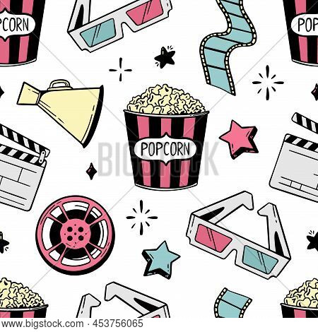 Hand-drawn Seamless Pattern Cinema Flapping Board Film Popcorn 3d Glasses Loudspeaker Vector Illustr