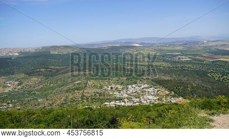 A View Near A Deir Al-mukhraqa Carmelite Monastery On The Adjacent Valley With Roads, Settlements An