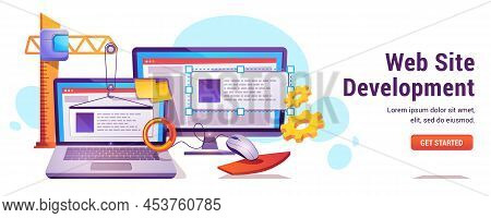 Web Site Development Banner. Landing Page Creation, Programming And Coding Work On Pc Software. Buil
