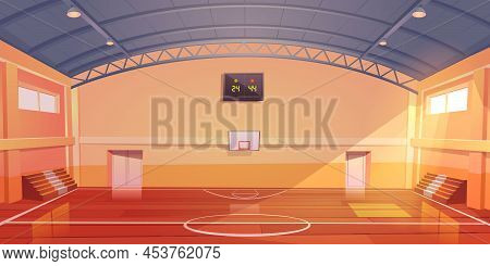 Basketball Court Interior, Sports Arena Or Hall For Team Games With Hoop, Wooden Floor, Scoreboard A