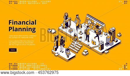 Financial Planning Isometric Landing Page. Marketing Strategy, Company Finance Analytic, Agency Work