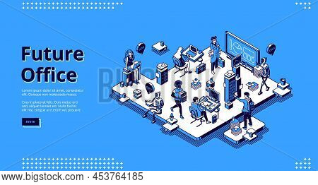 Future Office Isometric Landing Page. Human And Ai Robots Work Together. Robotic Employees With Peop