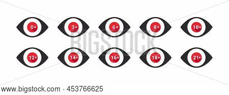 Age Restriction Icons Set. Mark Age Limit. Eye With Age Restriction. Vector Icons