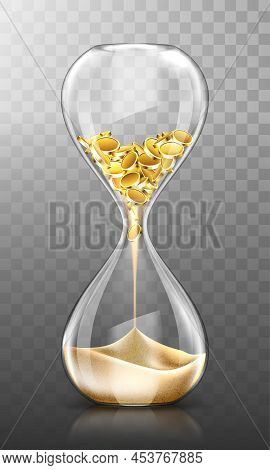 Time Is Money, Hourglass With Falling Gold Coins Turn Into Sand Isolated On Transparent Background. 