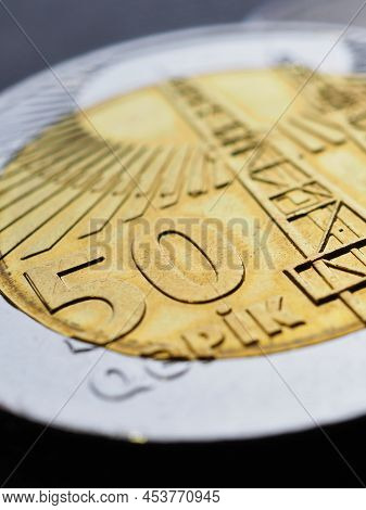 Azerbaijani Coin Of 50 Fifty Qepiks Closeup. Money Of Azerbaijan. News About Economy Or Currency. Lo