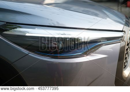 Bangkok, Thailand - April 30, 2022 : Front Light Of Private New Toyota Corolla Cross, Celestite Gray