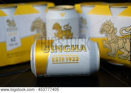 Bangkok, Thailand - April 30, 2022 : Singha Beer Can 320 Ml. Singha Beer Thai Brand Beer.