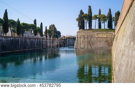 Italy, Peschiera Del Garda, The Ancient Fortified Walls Of The Town On The Mincio River
