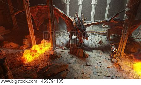 Fantasy Battle Scene With Dragon Attacking Medieval Knight 3d Illustration