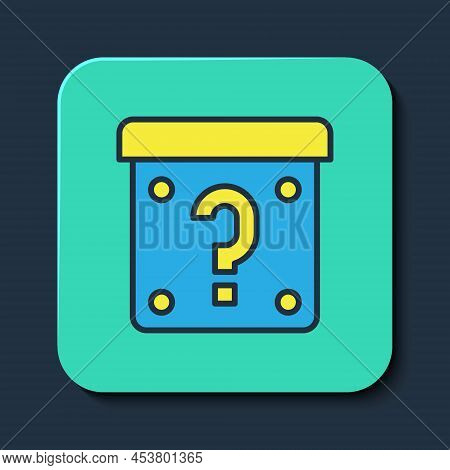 Filled Outline Mystery Box Or Random Loot Box For Games Icon Isolated On Blue Background. Question M