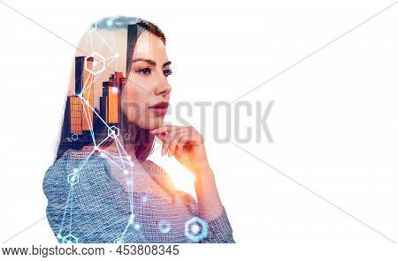Young Attractive Businesswoman Wearing Formal Wear Is Standing Touching Chin In Cross Arm Pose. New 
