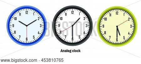 Blue And Black And Yellow Color Analog Clock. Time 10.10, 01.30, 05.30 Vector